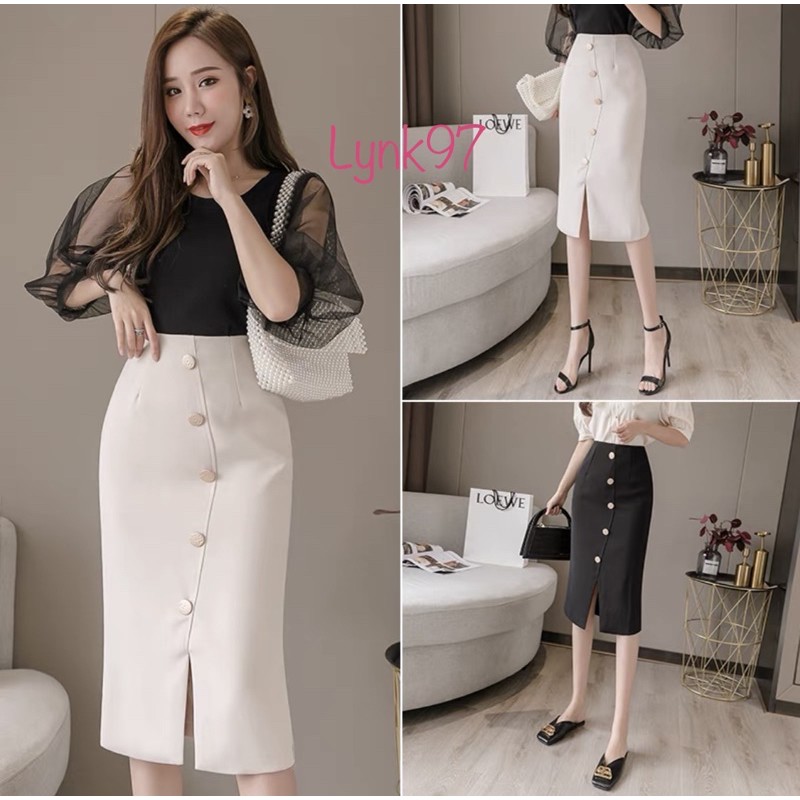 Chân váy dài dáng bút chì đính cúc xinh đẹp xẻ tà trước đến, trắng, xanh than, nâu Tây, xanh ghi, hồ