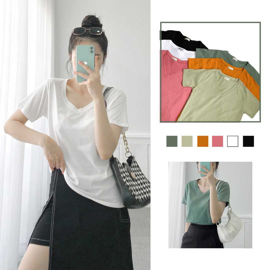 Áo thun trơn tay lỡ G27 VM STYLE basic nữ, áo phông cổ V đẹp đi học ulzzang thời trang 22ATU01T370404