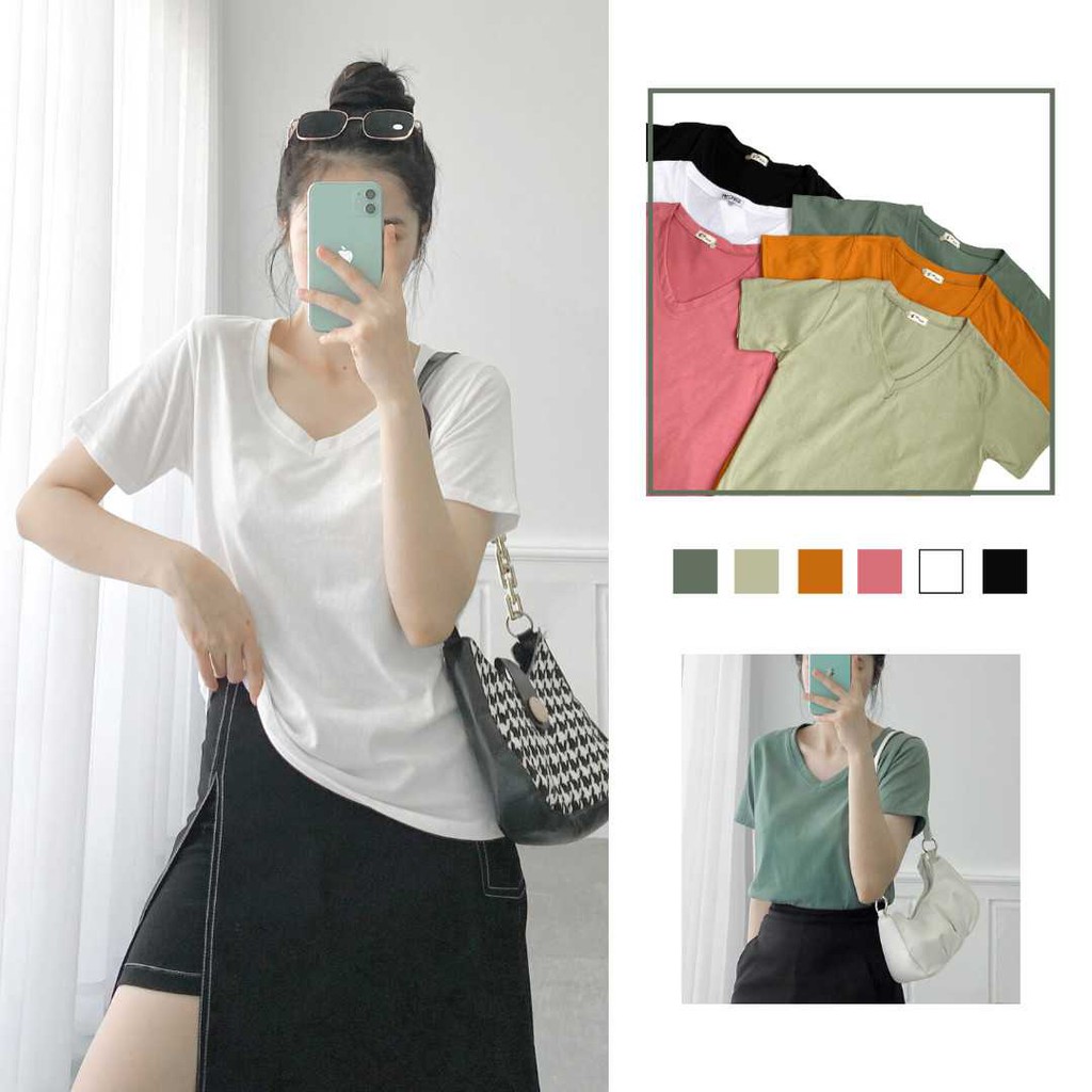 Áo thun trơn tay lỡ basic nữ, áo phông cổ V đẹp đi học ulzzang thời trang Fmstyle Saigon 21TU06T372101