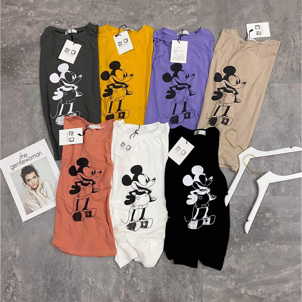 Áo thun nữ tay dài hở vai dáng thụng hình Micky phong cách Korea AT01