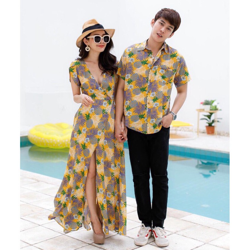 Set áo váy đôi, sơ mi nam nữ Váy maxi xẻ tà  đi biển họa tiết hoa lá màu vàng couple tx - AV44 (có ảnh thật)