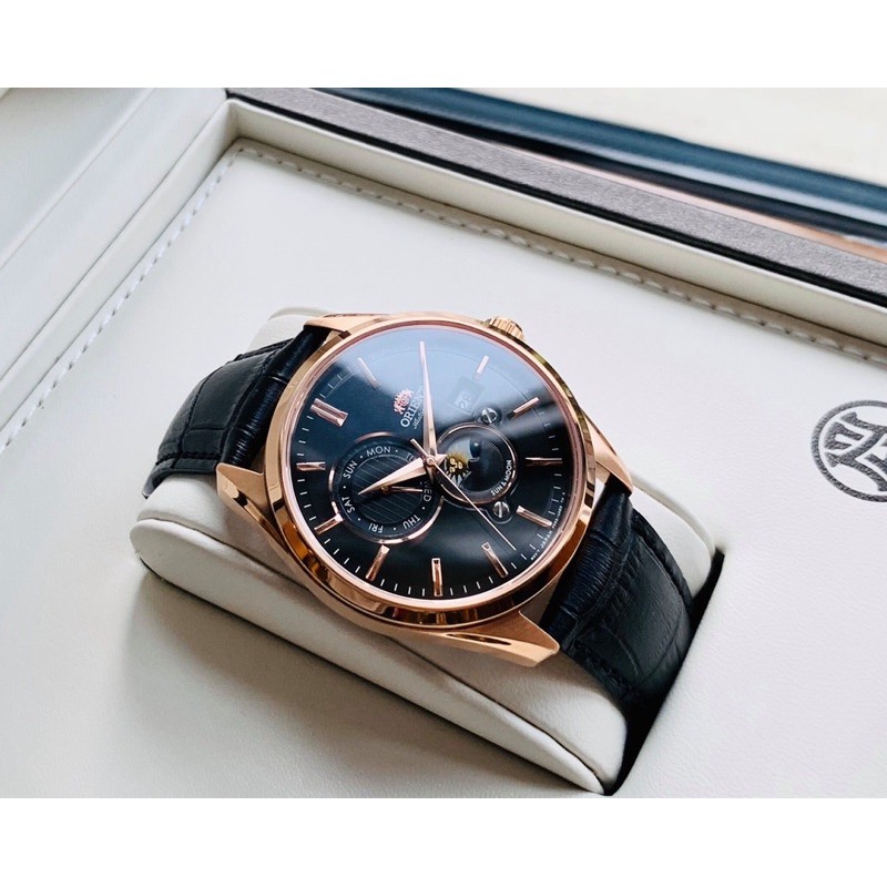 Đồng hồ nam dây da Orient Sun and Moon Gen 5 Black Rose Gold Leather RA AK0304B10B