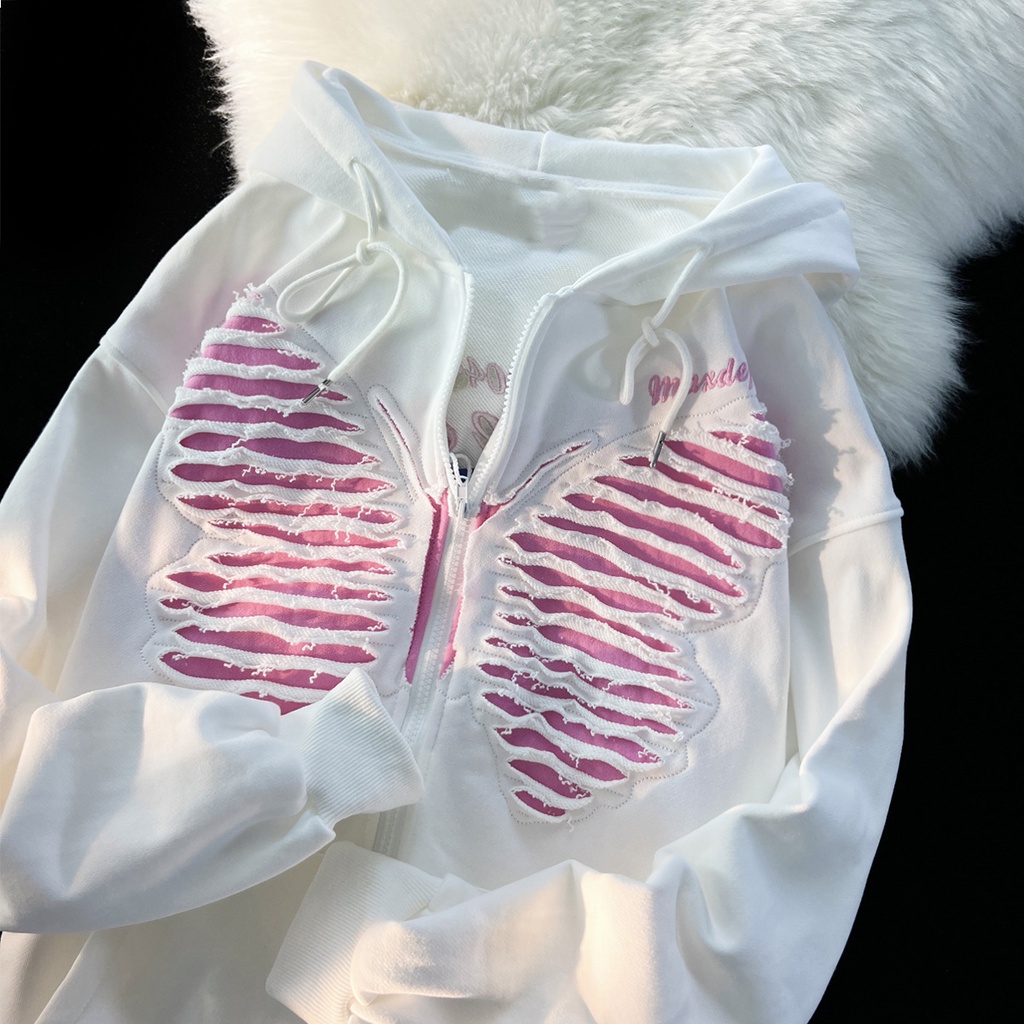 【ZHELIHANGFEI】Áo Hoodie Tay Dài Form Rộng Thiết Kế Xẻ Rách Phong Cách Preppy Mỹ