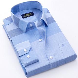 Áo Sơ Mi Nam Công Sở Trung Niên Anton Somianton Xanh Dài Tay Vải Sợi Tre Họa Tiết Kẻ Caro - 8566