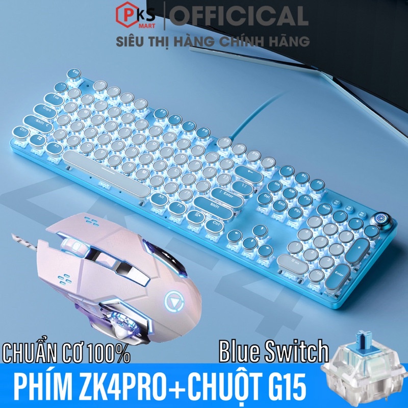 COMBO Bàn Phím Chuột Cơ Chơi Game Làm Việc Máy Tính Laptop YINOIAO ZK4PRO G15 LED 12 Chế Độ Mix Màu Xanh Trắng Rất Đẹp