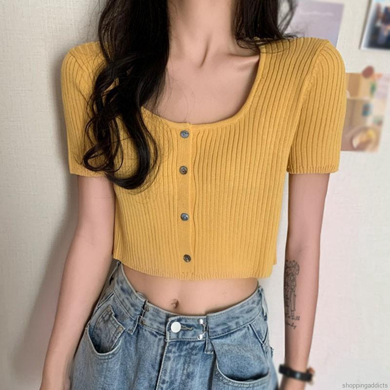 Áo Cardigan Dệt Kim Tay Ngắn Cổ Vuông Đính Nút Kiểu Hàn Quốc Xinh Xắn Cho Nữ | BigBuy360 - bigbuy360.vn