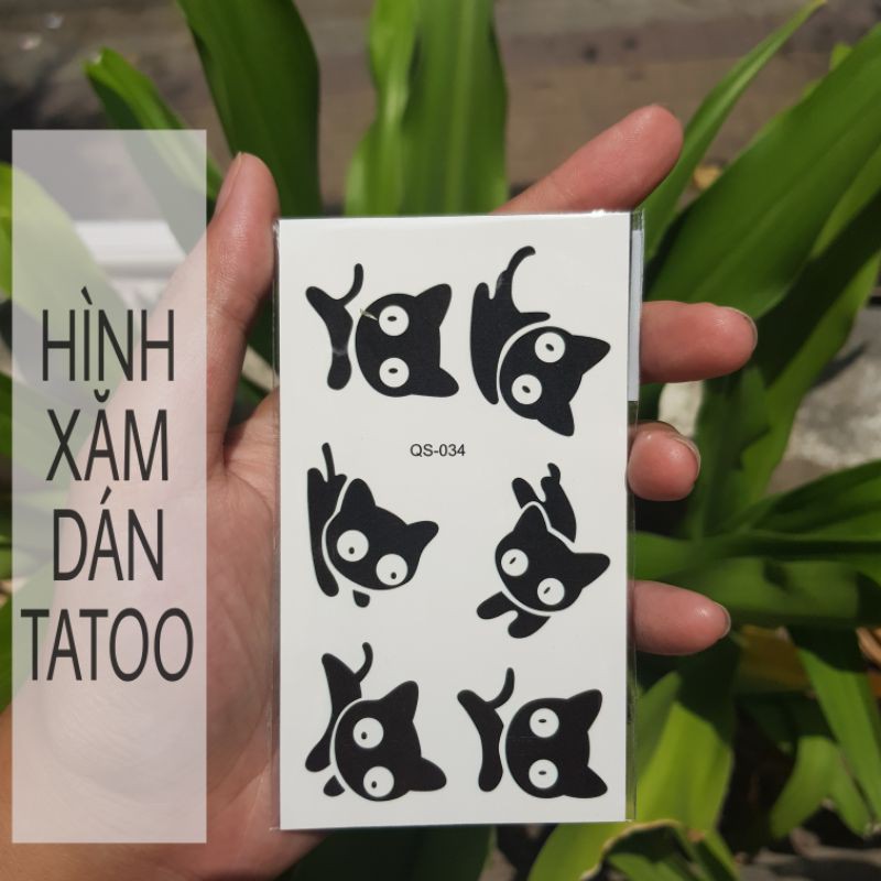 Hình xăm dán mèo mun cute qs034. Tattoo.mini.ct 10×6cm