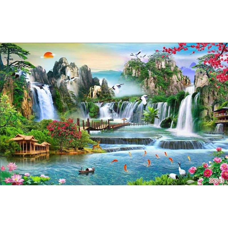 Tranh dán tường 3D phong cảnh nhận in theo yêu cầu