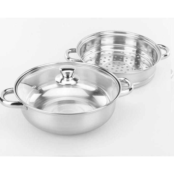 Nồi hấp inox 2 tầng kèm lẩu -  vung kính 28cm