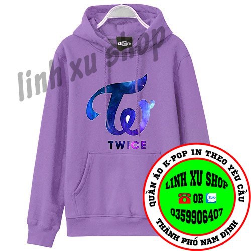 áo hoodie TWICE màu tím dài tay dáng thụng có mũ trùm in theo yêu cầu