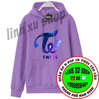 áo hoodie TWICE màu tím dài tay dáng thụng có mũ trùm in theo yêu cầu