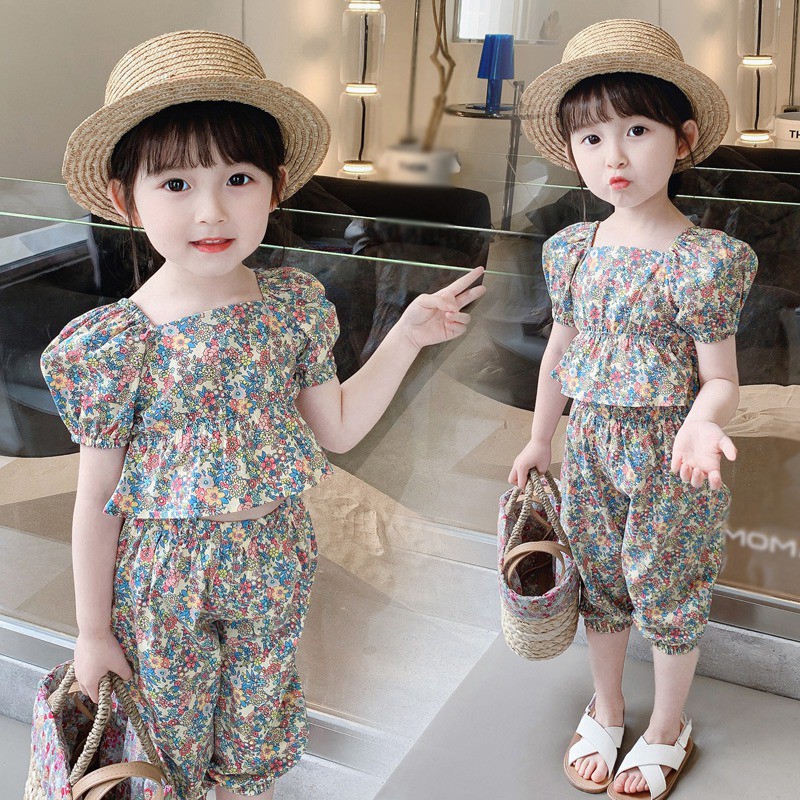 Bộ áo tay phồng + quần họa tiết hoa phong cách Hàn Quốc xinh xắn thời trang mùa hè cho bé gái