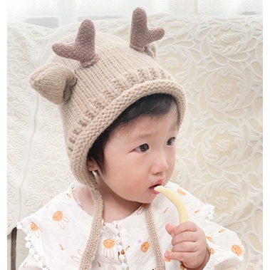 Mũ len tuần lộc 2 lớp cho bé trai và bé gái