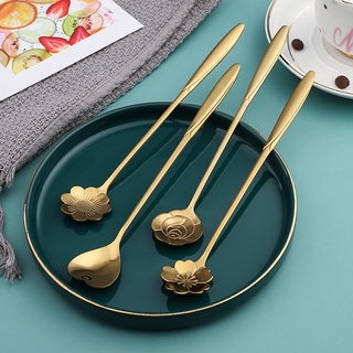 Muỗng cà phê cán dài hình hoa anh đào/hướng dương/hoa hồng bằng thép không gỉ