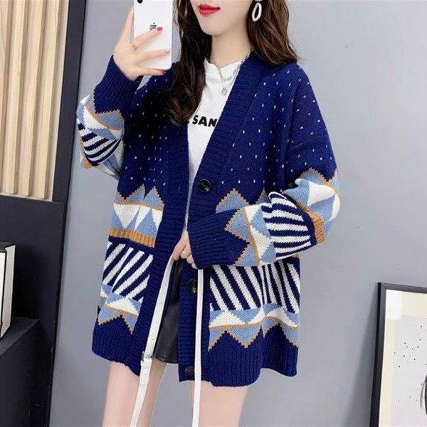 Áo khoác len Cardigan nữ dài tay, dáng suông, hoạ tiết thổ cẩm