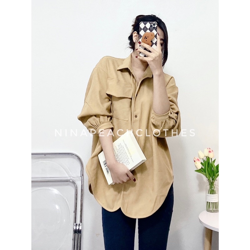 Áo sơ mi tay bồng oversize túi trước kèm ảnh tự chụp