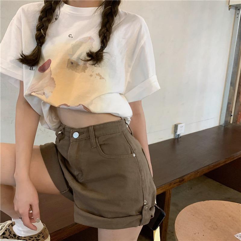 Jiashucheng Quần Short Denim Lưng Cao Ống Suông Màu Nâu Phong Cách Retro Mỹ