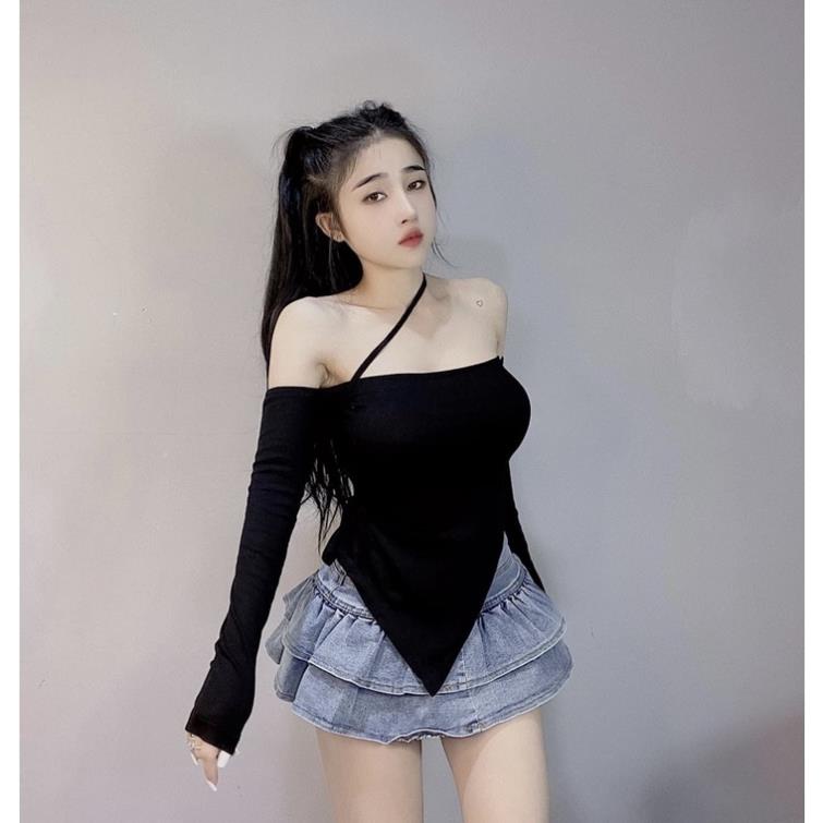 Áo kiểu nữ bẹt vai phối dây chéo bún tà nhọn chất vải thun Borip [Hàng Đẹp] | BigBuy360 - bigbuy360.vn