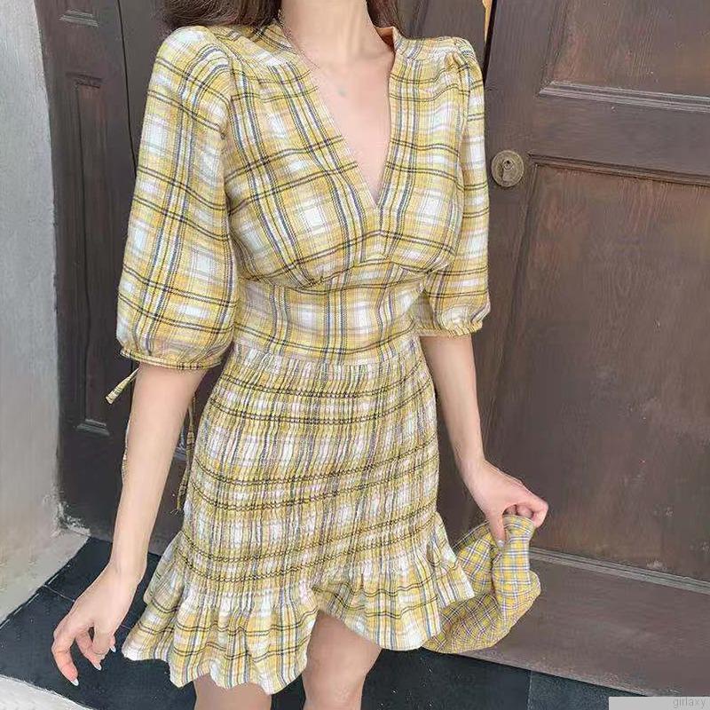 Đầm tay phồng cổ chữ V họa tiết sọc caro phong cách Hàn Quốc cổ điển thời trang quyến rũ cho nữ