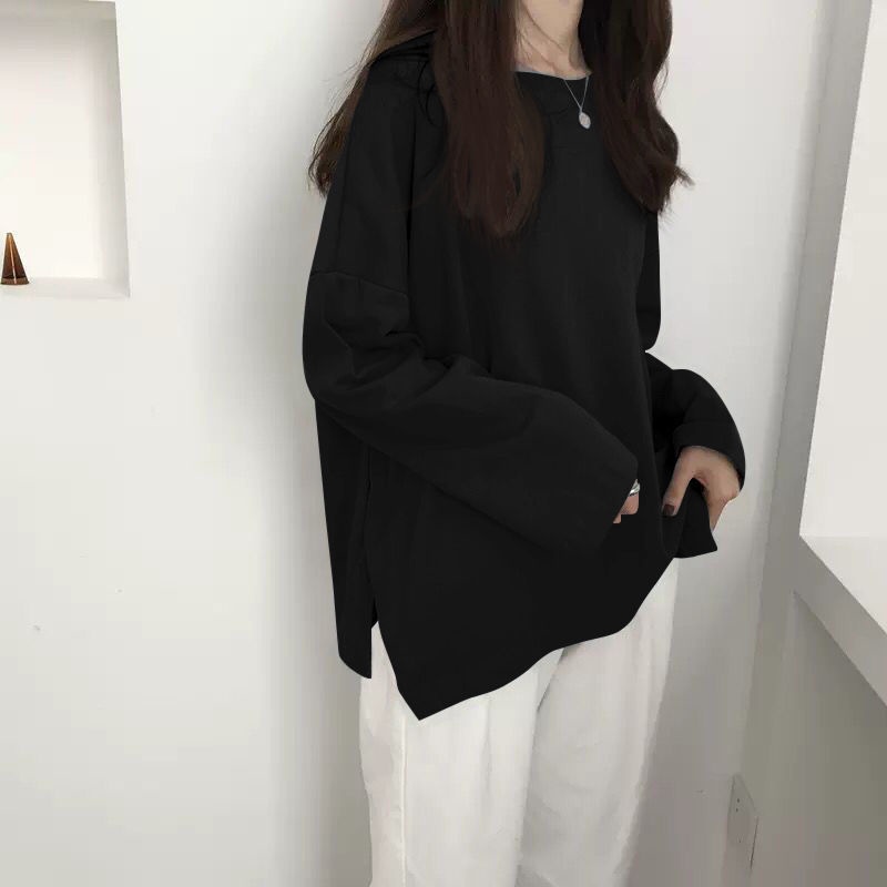 Áo Thun Tay Dài Dáng Rộng Màu Sắc Đơn Giản Phong Cách Harajuku Hàn Quốc Cho Nữ