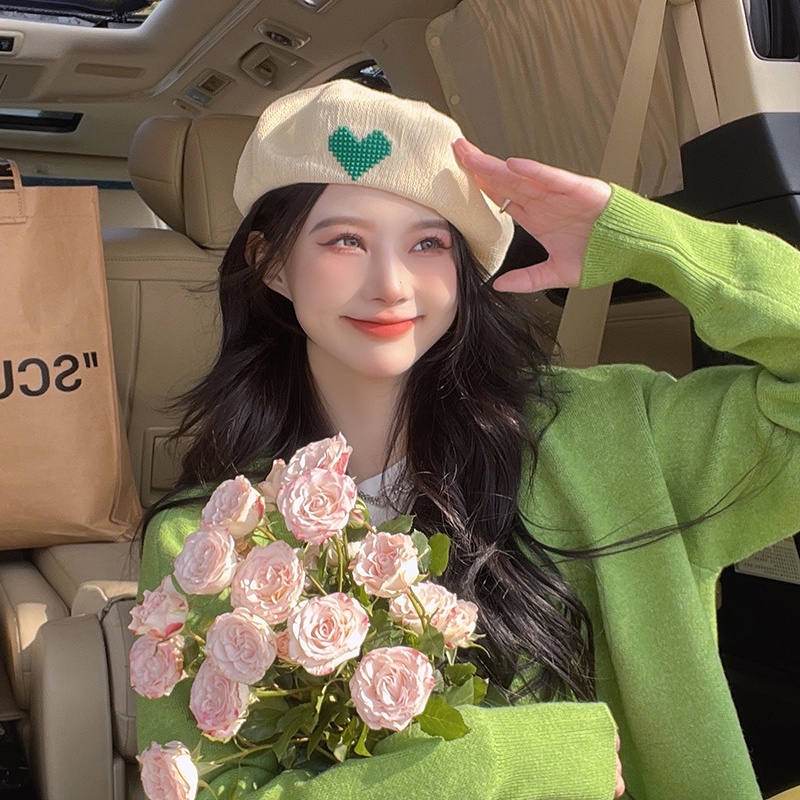 Mũ nồi bằng cotton lanh thêu hình trái tim thời trang Hàn Quốc