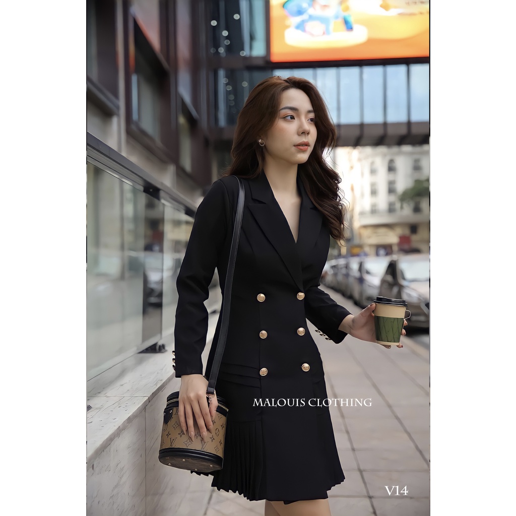 Đầm váy cổ vest xếp ly dáng dài, đầm công sở dài tay cho nữ - V14