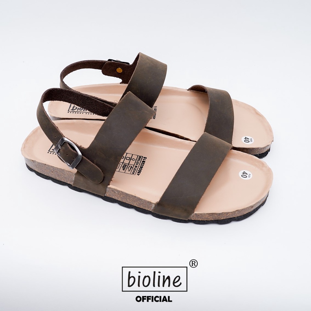 DK15 - Sandal Đế Trấu BIOLINE Official Hai Quai Ngang Da Bò Lót Pu Kem Chống Nước