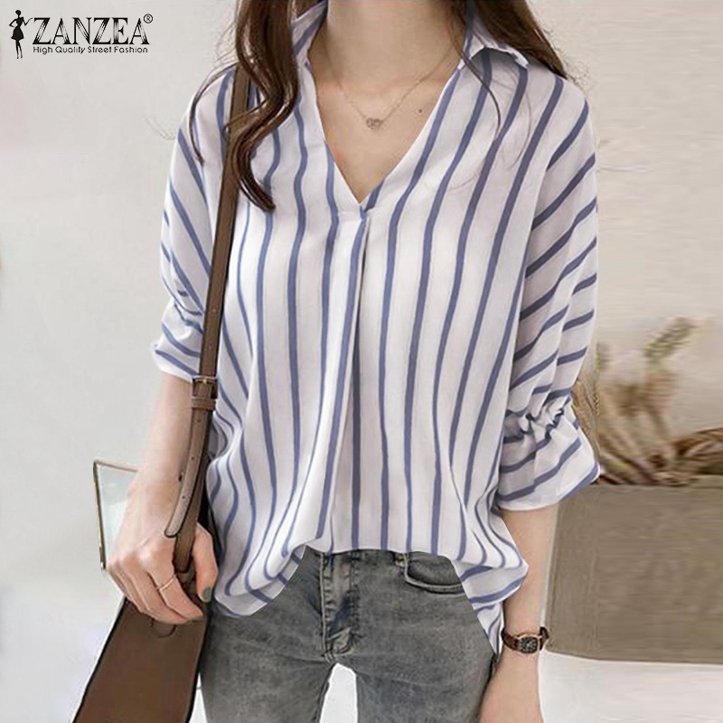 Áo sơ mi Zanzea cổ chữ V tay dài họa tiết kẻ sọc thời trang dành cho nữ