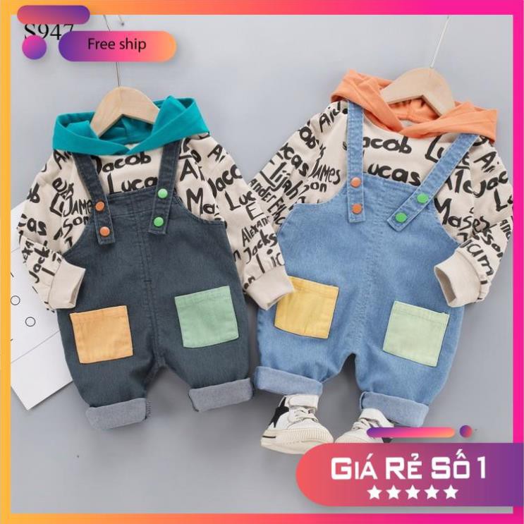 SET ÁO THUN TAY DÀI CÓ NÓN KÈM YẾM JEAN TÚI 2 MÀU CHO BÉ TRAI TỪ 1 - 4 TUỔI