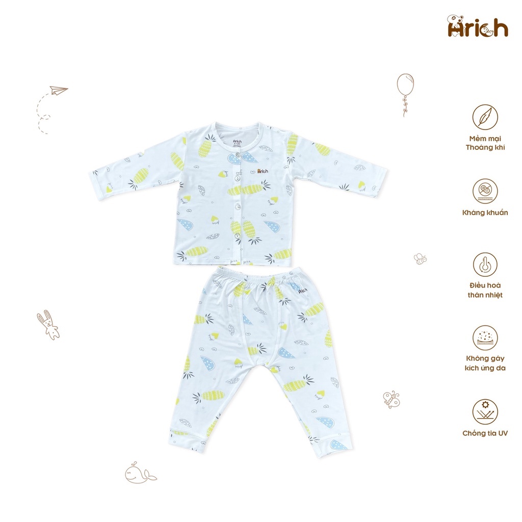 Bộ dài tay cài thẳng 2022 chất liệu vải sợi tre Arich cho bé trai bé gái sơ sinh đến 18 tháng