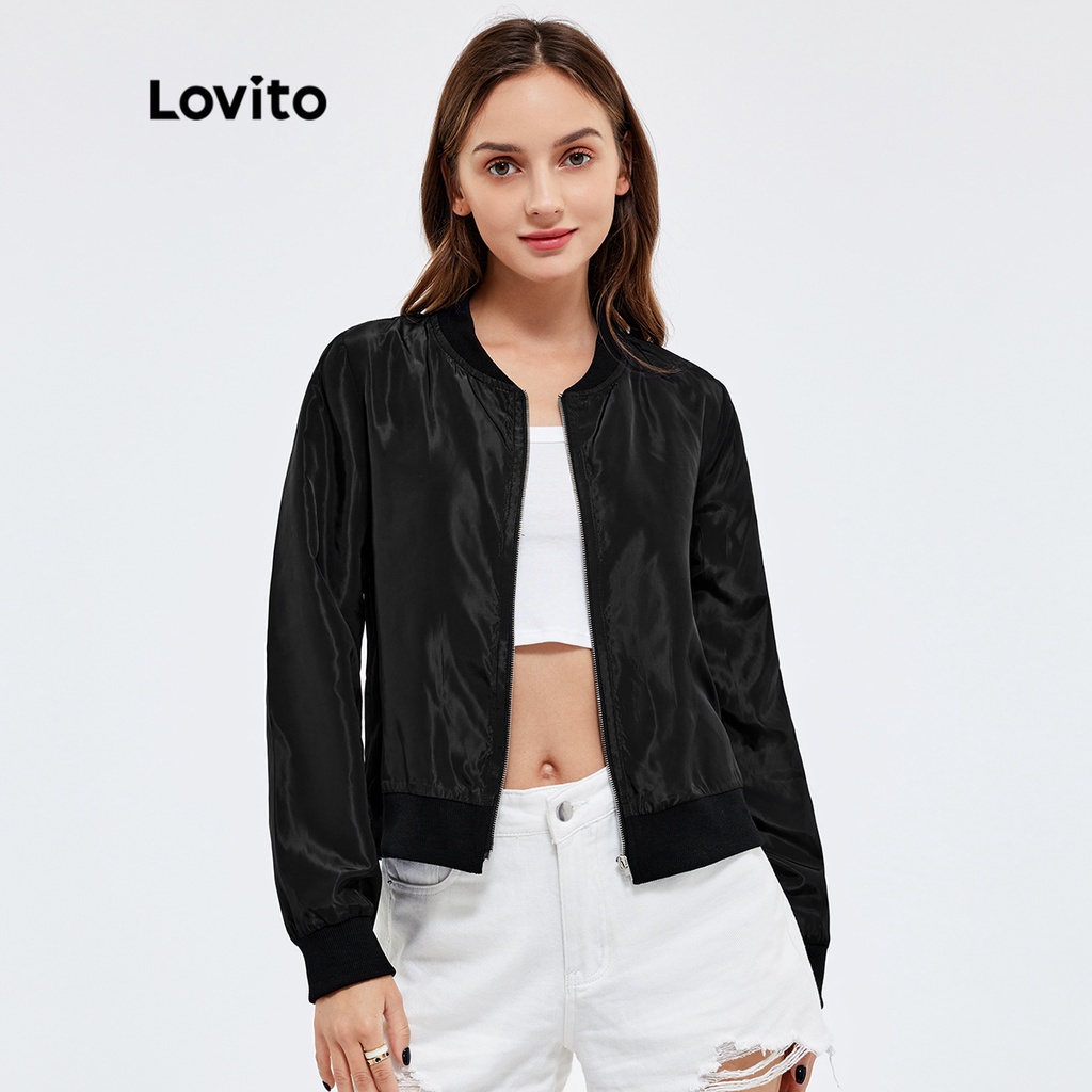 Lovito Áo khoác có dây kéo mỏng nhẹ cơ bản thường trơn L24LAD01 (Đen)