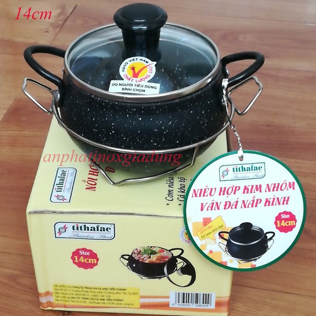 Nồi nấu cơm niêu vân đá Tithafac hợp kim nhôm đa năng nhiều kích thước 12cm 14cm 16cm tặng kèm đế inox