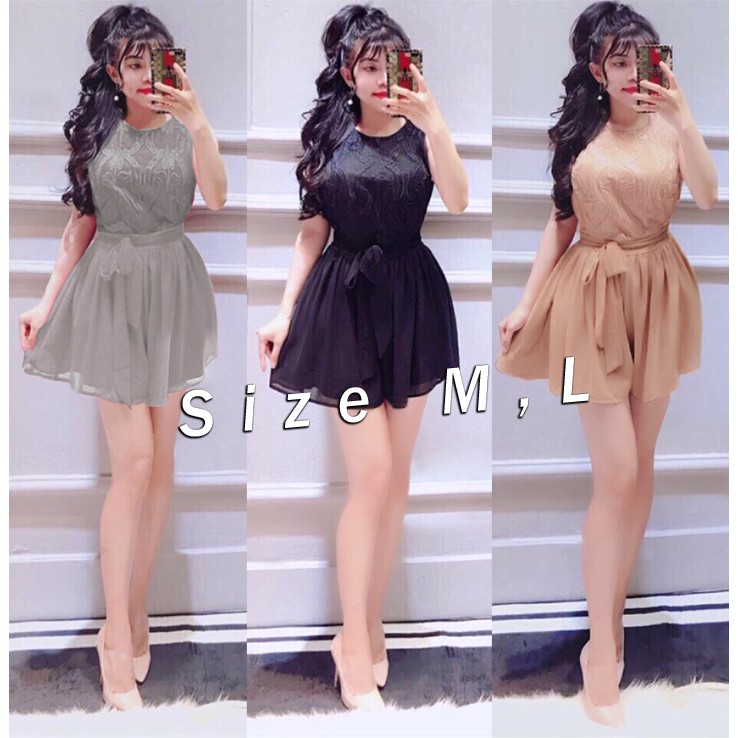 [Có Video] Jumpsuit đồ bay ngắn short giả váy phối ren thắt nơ eo xinh xắn J911