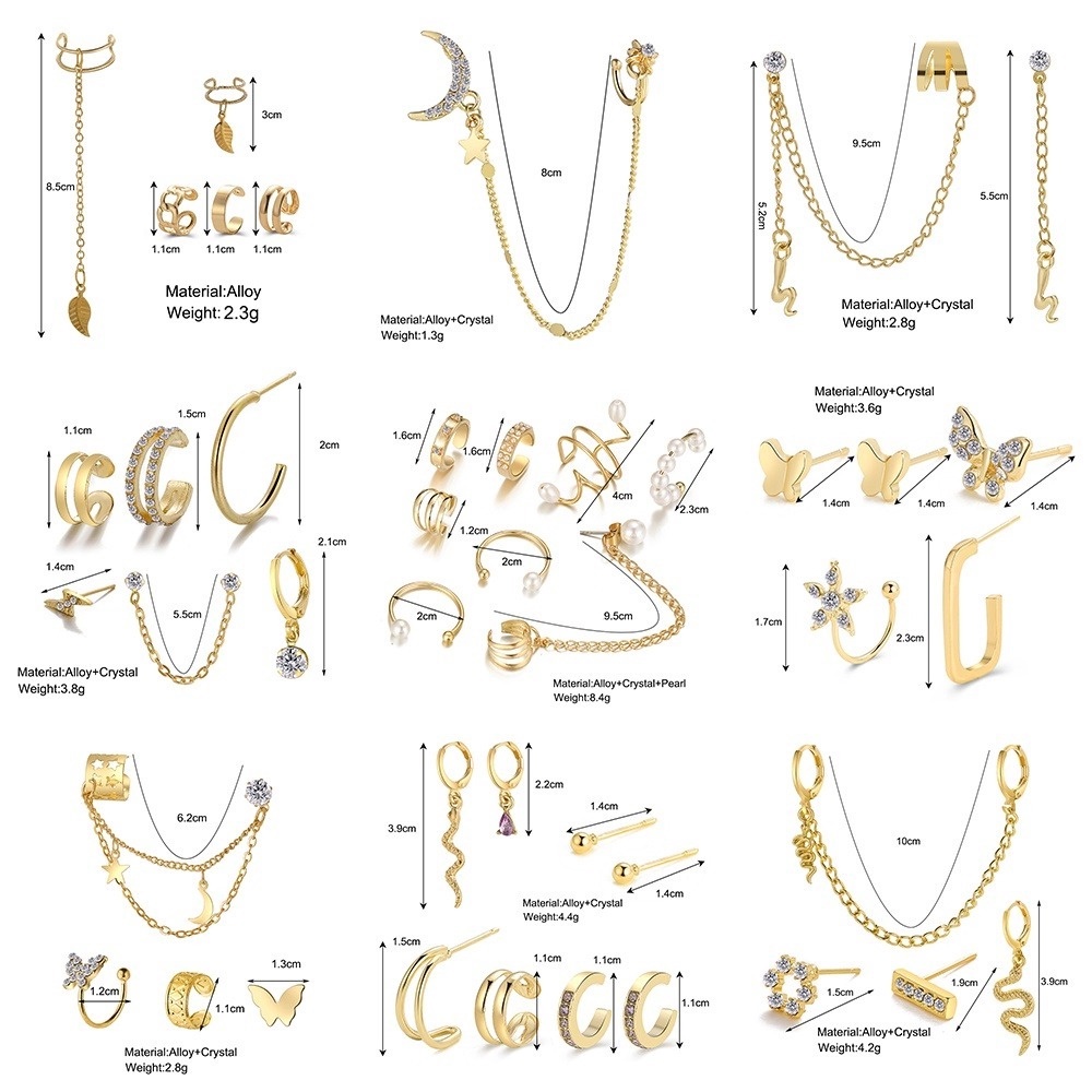 Set khuyên kẹp vành tai AY nhiều kiểu dáng đính đá cá tính thời trang cho nữ