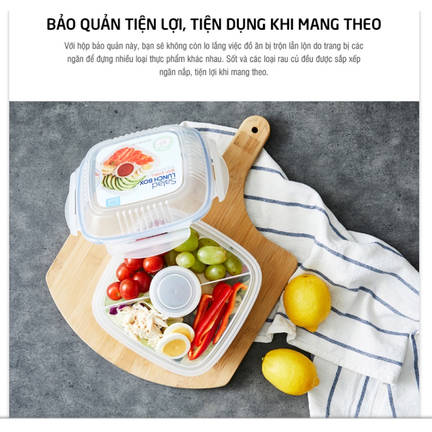 Hộp đựng Salad có Khóa 4 cạnh Kín Hơi Lock&Lock kèm khay nước sốt HSM8450T 1.6L