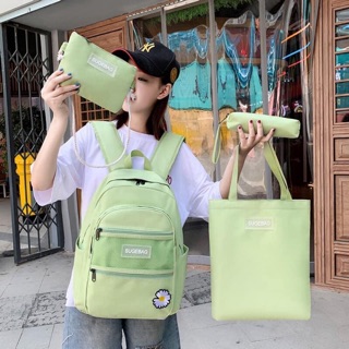 Set balo 4 món. Rộng rãi, chắc chắn, tha hồ đựng ạ. Hàng có 4 màu, xanh , đỏ, kem, đen. Dây đeo và khoá chắc chắn