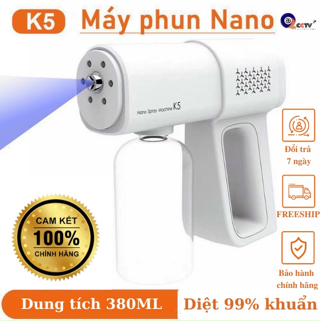 Súng khử khuẩn K5, K5 Pro, khử trùng công nghệ Nano 8 tia UV, máy xịt sát khuẩn, phun diệt khuẩn tặng kèm dây sạc Type C