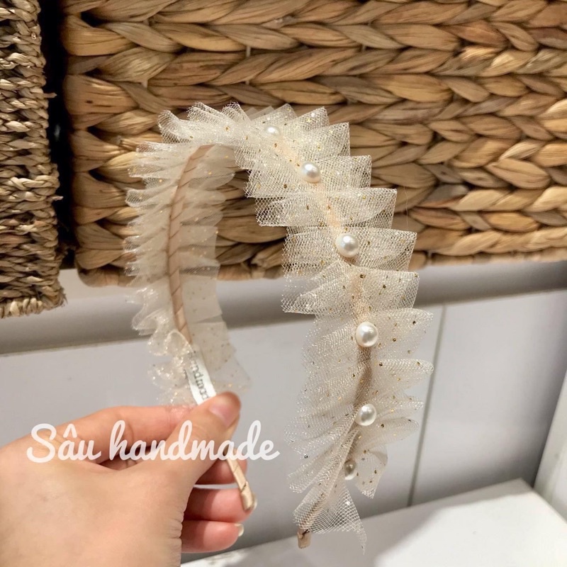 Bờm xước tóc, băng đô handmade đính hạt trai công chúa cho bé