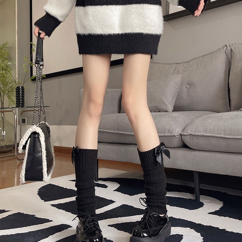 Tất ống chân dệt kim giữ ấm đính nơ phong cách lolita Nhật Bản cho nữ