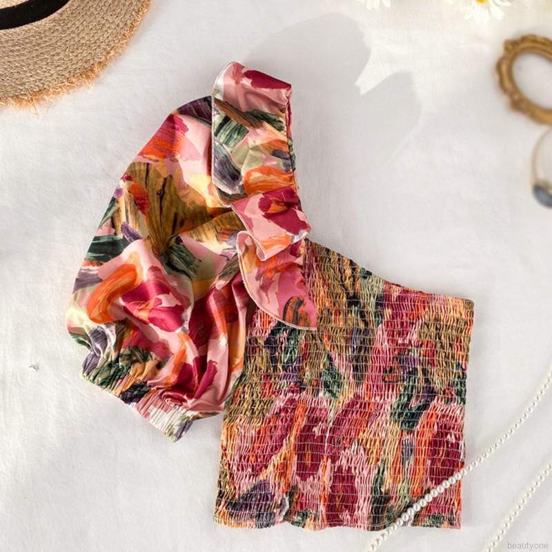 Korean Floral Printed Ruffled Irregular Sexy Slim Crop Women Blouse | BigBuy360 - bigbuy360.vn