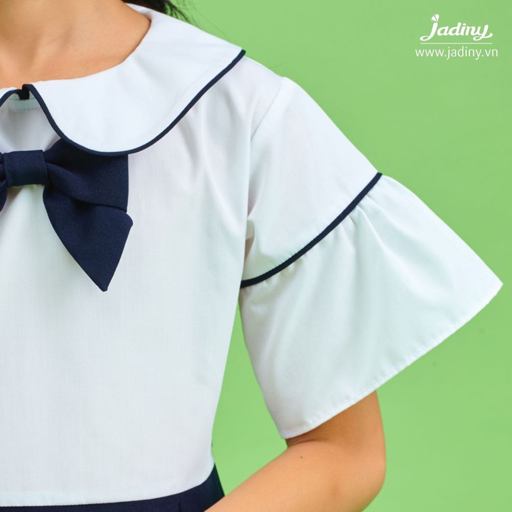 Đầm học sinh tay xòe viền trắng xanh đen, đồng phục học sinh cấp 1 nữ, lớp 1, chất liệu cotton nhật giá tốt 18-65kg