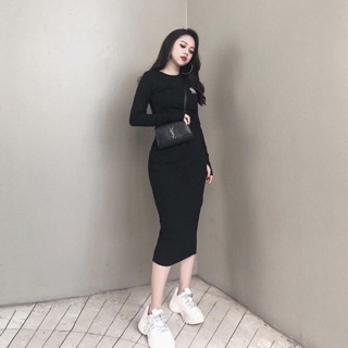 Váy body thun gân tay dài