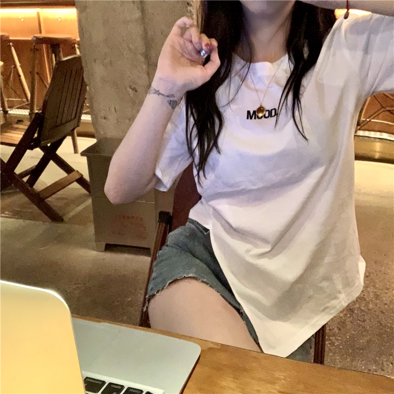 Áo Thun Tay Ngắn Cổ Tròn Thêu Họa Tiết Phong Cách Hàn Quốc Cho Nữ