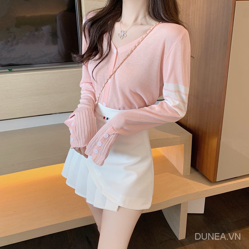 DUNEA Bộ Áo Khoác Cardigan Cổ Chữ V + Chân Váy Xếp Ly Q8Dg