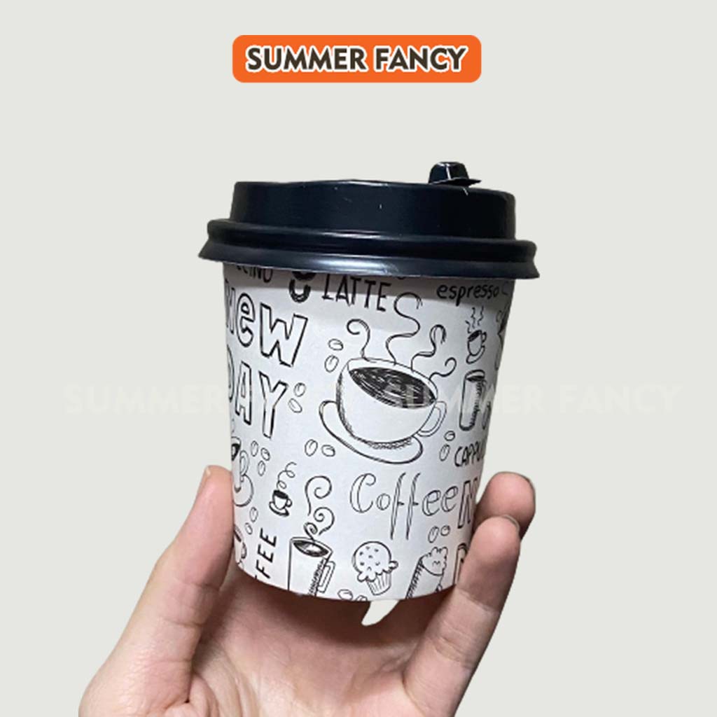 50 ly giấy 240ml ~ 8oz nắp đen phong cách Hàn Quốc New Day Mocha hình trắng đen nâu xanh dùng 1 lần - Paper cup