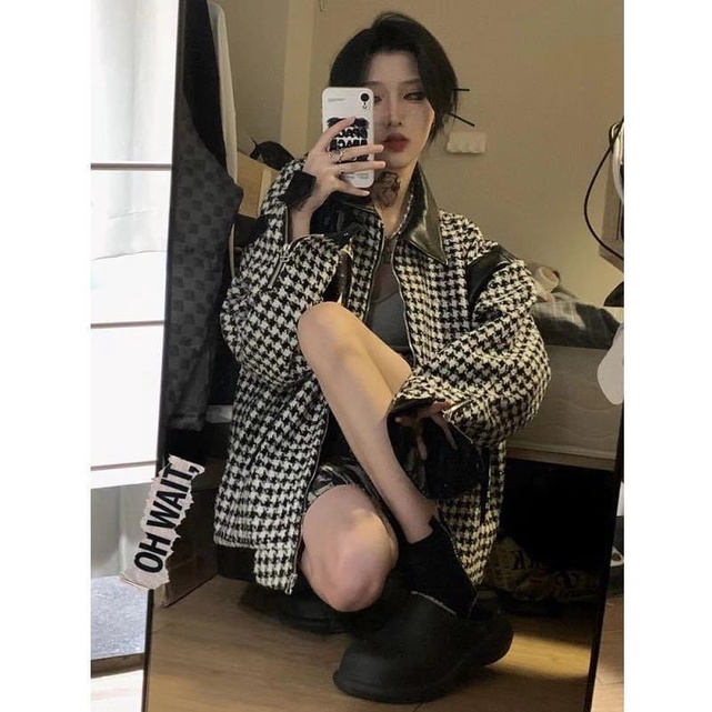 Áo dạ kẻ phối da siêu xinh