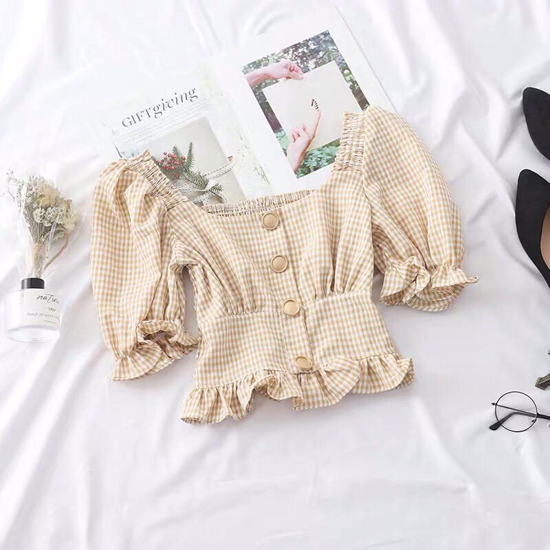 Áo Kate Form Croptop Kết Hợp Tay Phồng Kèm Cúc Giả Nữ Tính TTS0393