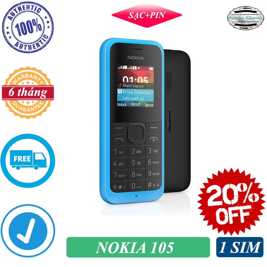 Điện thoại Nokia 105 bản 1 Sim, hàng đẹp, phụ kiện đầy đủ pin và sạc kim, bảo hành 12 tháng