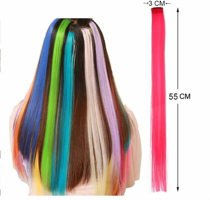 6/8Pcs/set  20\ Long Straight Colorful Hair Extensions Clip in Highlight Rainbow Hair Streak Pink Synthetic Hair Strands On Clips