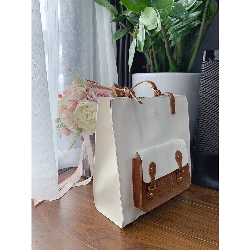 Túi tote bag da phối màu phù hợp đi học , đi làm vừa A4 và laptop - Ảnh thật